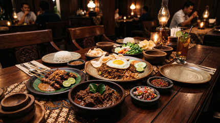 Fototapeta premium Rich Indonesian food feast featuring traditional dishes, rice, grilled meats, sambal, and warm rustic dining atmosphere.
