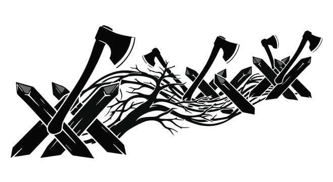 Symbolic depiction of obstacles and challenges with interwoven branches and axes.