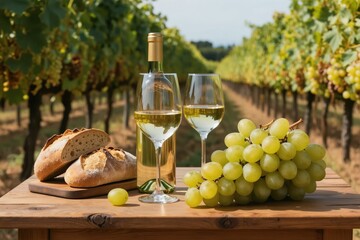 Fototapeta premium White wine glasses sit by a bottle on a rustic wooden table with fresh bread and green grapes. Vineyards stretch into background, suggesting a tasting or picnic.