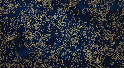 Seamless pattern with elegant golden floral swirls on a dark blue background © S.Siam