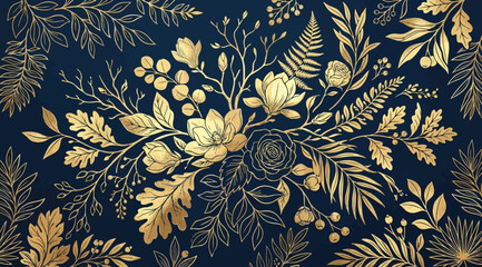 Elegant gold floral pattern on a dark navy blue background, featuring intricate botanical illustrations of roses, magnolia flowers, ferns, and oak leaves in a luxurious metallic foil style © S.Siam