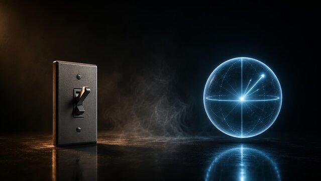 Classical bit switch versus quantum qubit Bloch sphere illustrating fundamental difference between classical and quantum computing