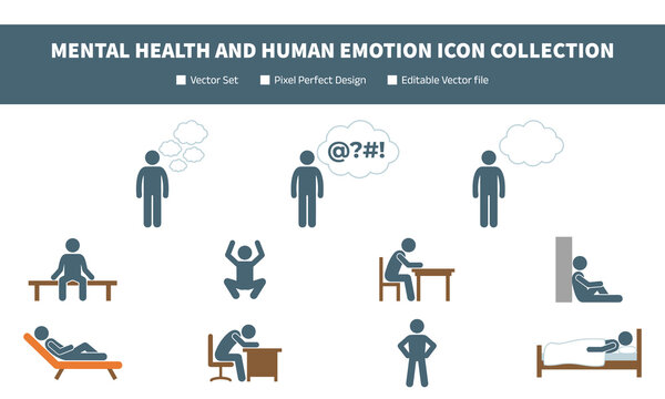 Mental Health and Human Emotion Icon Collection with Stress Relaxation and Lifestyle Symbols for Graphic Design Projects