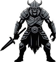 Fototapeta premium Medieval warrior with horned helmet sword.