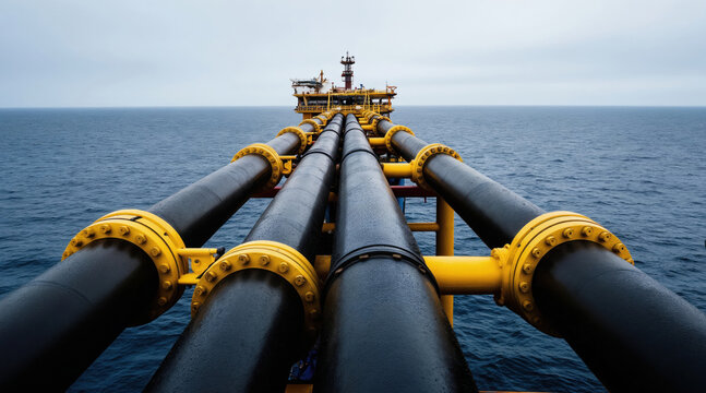 Thick black pipes with yellow supports extend over blue ocean water towards offshore platform. Industrial marine energy transport infrastructure connects to large facility, system for transporting