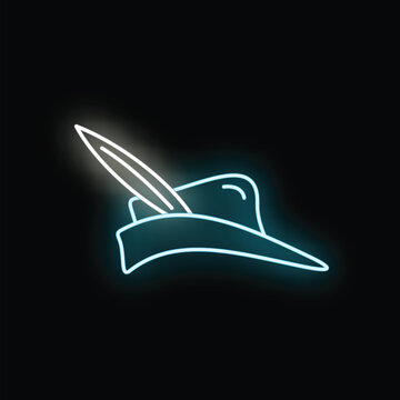 Archer or robin hood hat with a feather in a glowing neon style