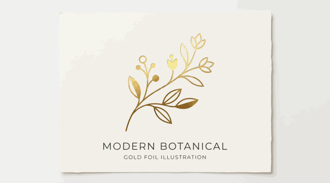 Modern botanical gold foil illustration of a delicate floral branch with buds and leaves, luxury design asset