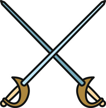 Two crossed rapier swords with guards facing outwards, representing combat and sport