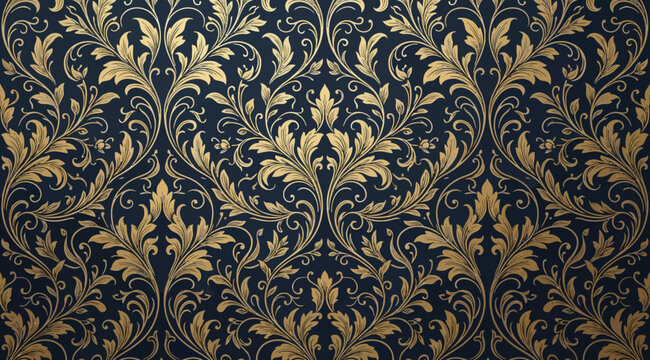 Luxury gold damask floral pattern on a dark navy blue background