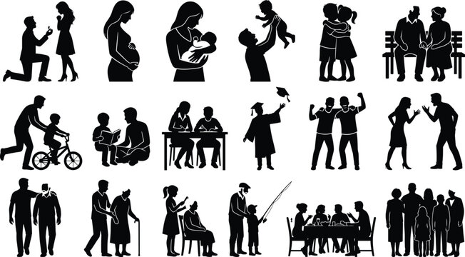 Family Life Cycle Milestones Silhouette Set Showing Human Life Stages From Marriage And Pregnancy To Old Age