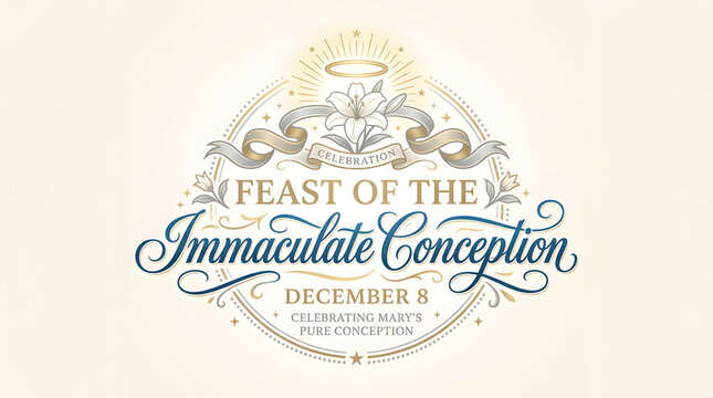 Vintage Religious Typography Seal Design with Elegant Calligraphy and Gold Accents for Immaculate Conception Feast