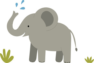 Obraz premium Cute elephant cartoon illustration with raised trunk isolated on light background. Friendly African wildlife animal in flat style for children education, nursery design and safari th