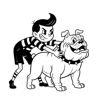 Boy Hugging Bulldog Illustration.