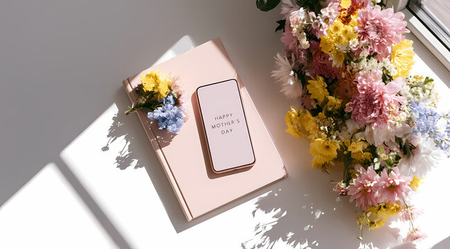 Flache Draufsicht auf ein rosa Notizbuch und Smartphone mit Muttertagsgr&uuml;&szlig;en neben einem bunten Blumenstrau&szlig; im Sonnenlicht - Konzept f&uuml;r Muttertag, liebevolle Gr&uuml;&szlig;e und Fr&uuml;hlingsstimmung