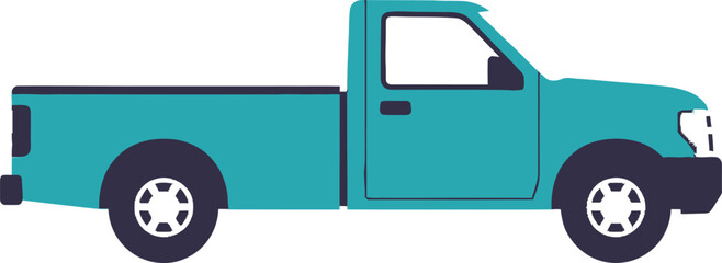 Pickup truck in a vibrant teal color profile stands isolated against a clean white background. © amirhamzaaa