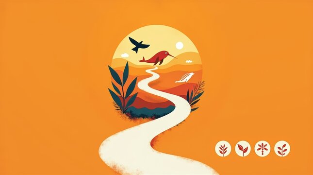 Abstract landscape illustration with a winding path and a flying bird in a warm orange sunset environment
