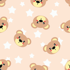 Fototapeta premium Seamless pattern with cute brown bear faces and white stars on pink background for nursery fabric design.