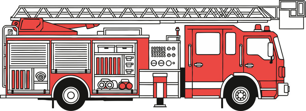 Fire engine truck showcases an intricate red steel exterior with a telescopic ladder and side compartments designed for rapid emergency deployment.