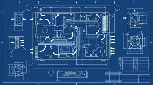 Blueprint style vector circuit schematic for electronic design concept.