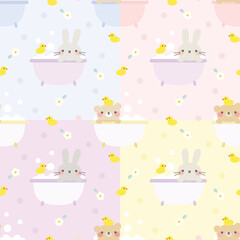 Cute bunny and bear taking bath seamless pattern set adorable animals duckies bubbles flowers.