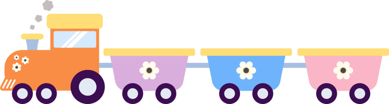 A colorful toy train with engine and carriages moves along a track