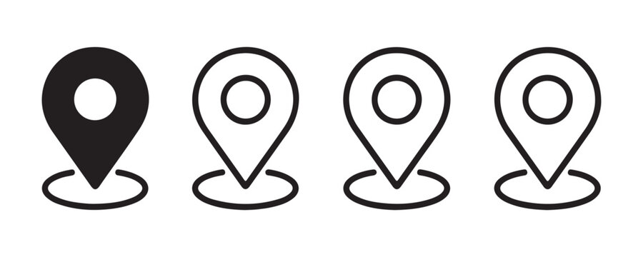 Location pin map pointer icons set isolated on transparent grid for navigation app gps design.