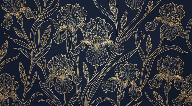 Seamless pattern with golden iris flowers on a dark blue background