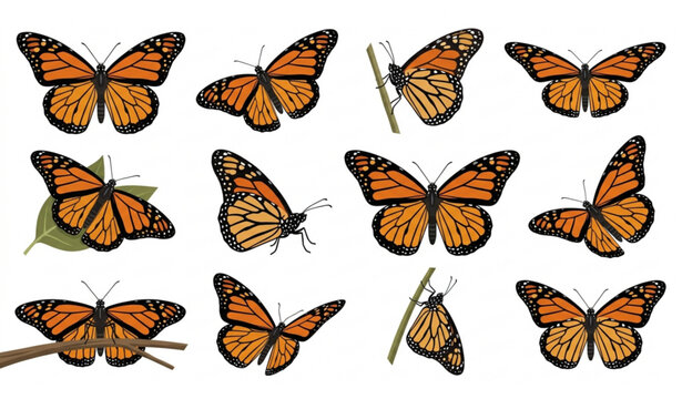 Orange Monarch Butterfly Vector Set Featuring Danaus Plexippus Wildlife and Garden Design Elements