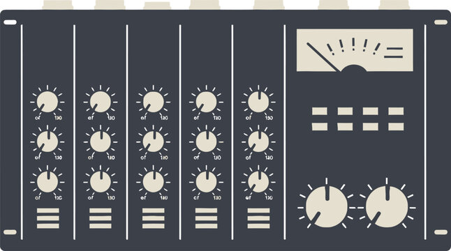 Synthesizer panel features multiple rotating knobs and a dark grey interface for precise audio sound design control.