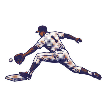 Baseball player stretching to catch a ball at first base