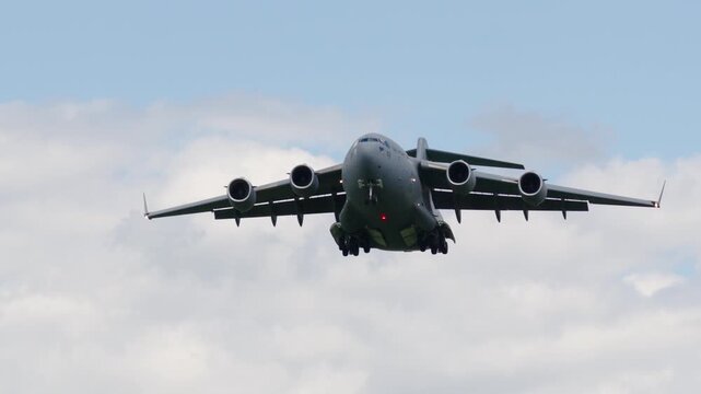 C-17 Globemaster takes off for cargo delivery mission during military logistics operation