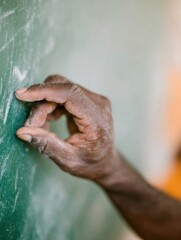 Fototapeta premium Green chalkboard with chalk dust and person drawing for educational social media, classroom theme background and learning concepts with selective focus