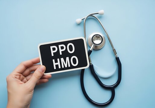 Hand holds sign with p o h m o text next to stethoscope