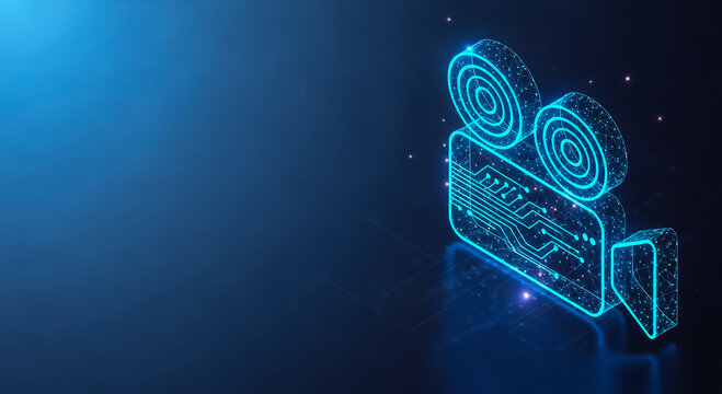 A modern, neon blue wireframe film camera stands on a sleek, dark surface, symbolizing technology and innovation.