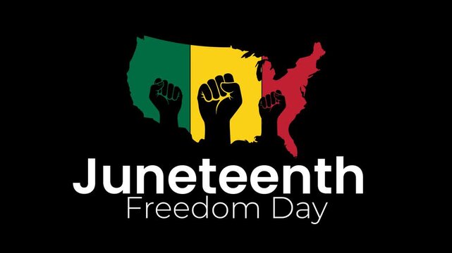 Juneteenth Freedom Day celebration graphic with USA map and raised fist in Pan-African colors