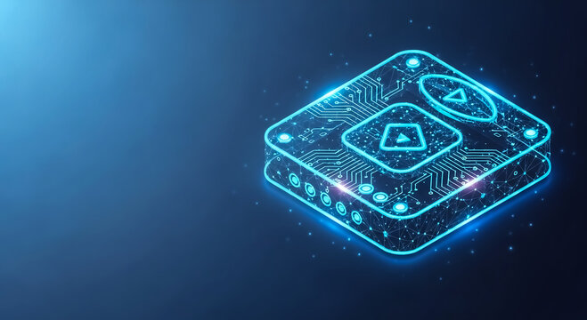 A modern, glowing digital circuit board with intricate designs and illuminated blue elements on a sleek dark background.