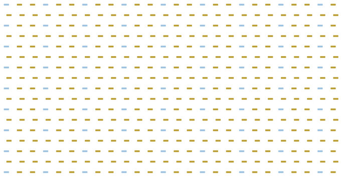 Abstract pattern with rows of short blue and gold dash lines creating rhythmic visual texture on white flat background.