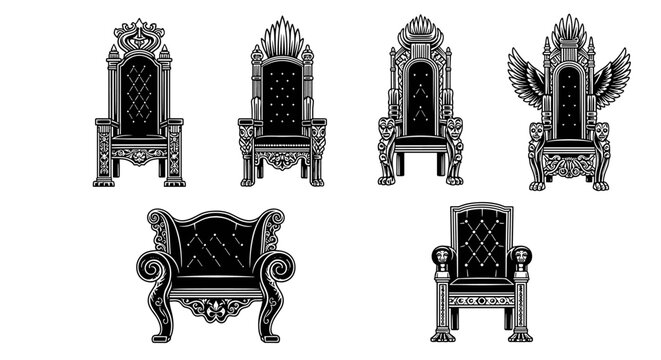 Collection of Ornate Royal Thrones and Chairs in Black and White.