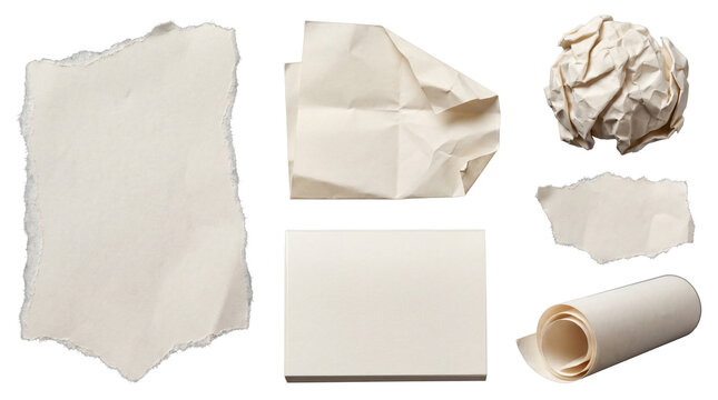 Various shapes of torn and rolled off-white paper