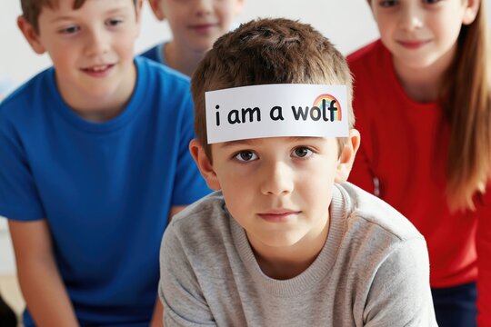 Young boy with i am a wolf card on forehead plays guessing game with friends. Children learn identities, guess phrases, enjoy fun party activity together indoors. Positive childhood interaction.