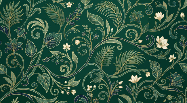 Seamless pattern with elegant golden floral and botanical elements on a dark green background