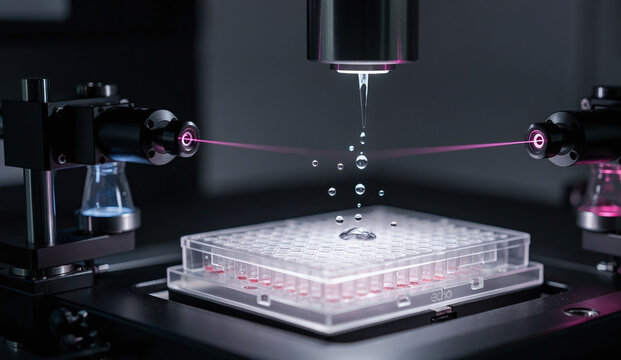 Acoustic liquid dispenser using sound waves to eject nanoliter droplets from a source plate to a destination plate in a high‑throughput screening lab