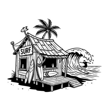 Surfboard leaning on hut wall outside.
