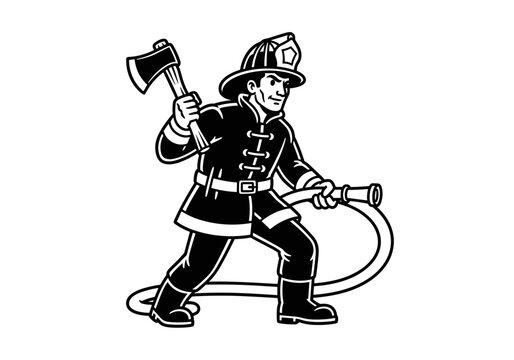 Firefighter holding an axe and hose.