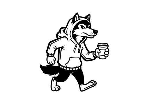 Cartoon wolf wearing hoodie running.