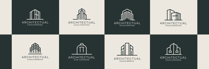 Fototapeta premium Collection of architectural with buildings and text on dark and light backgrounds 1