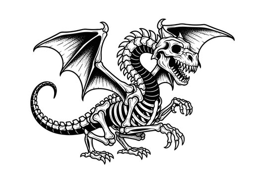 Detailed dragon skeleton illustration art.