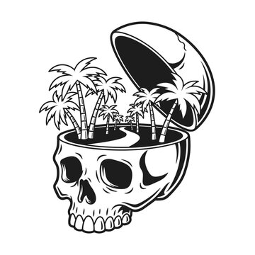 Black and white skull with palm trees.