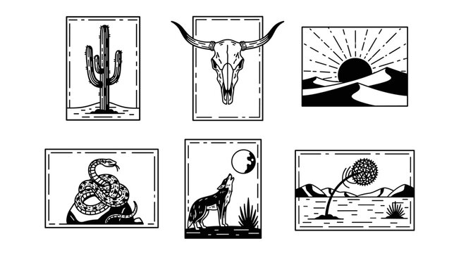 Black and white desert animal icons.