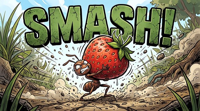 Ant Power: A determined ant carries a giant strawberry through a rough terrain, with the word SMASH! emblazoned above, creating a humorous and energetic scene.